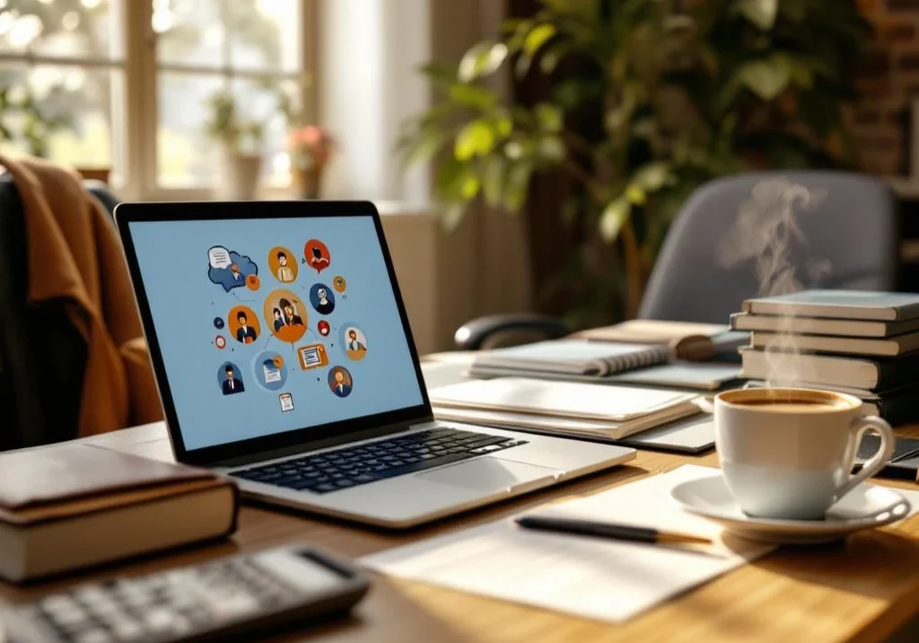 Professioneel houten bureau met laptop met carrièreontwikkelingspictogrammen, certificaten, trainingsmateriaal en koffie