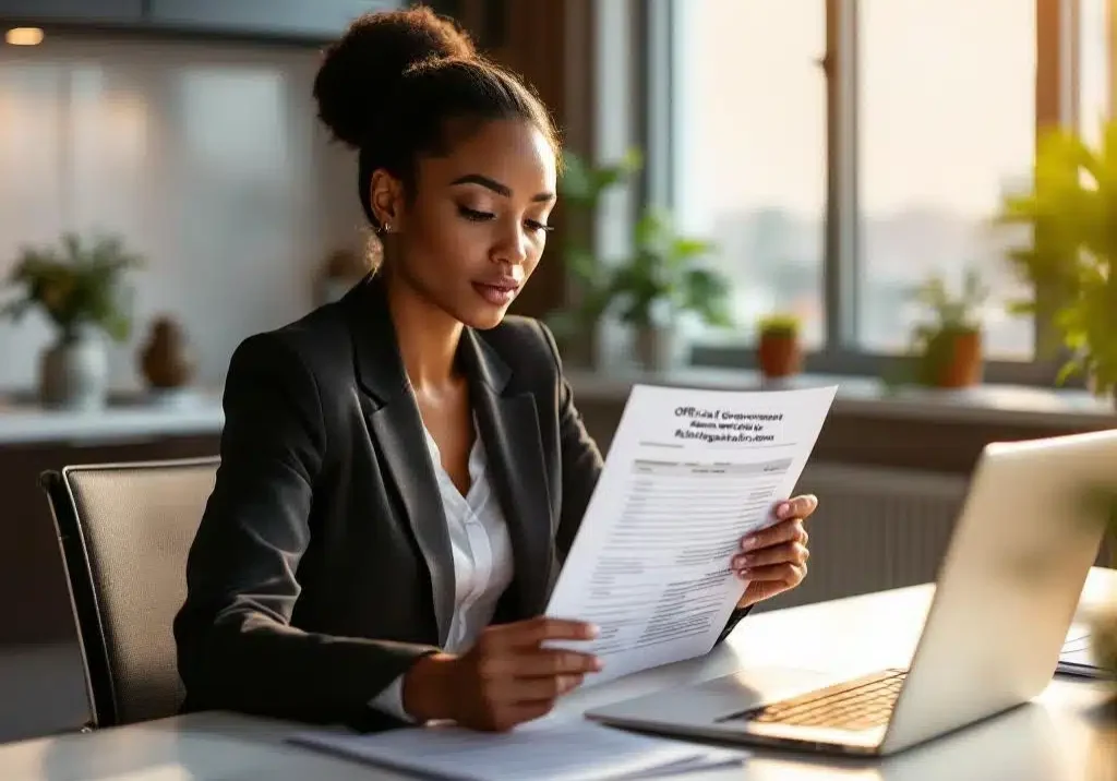 Professionele vrouw in pak bekijkt overheidsdocument voor reïntegratie aan bureau met laptop en natuurlijk licht