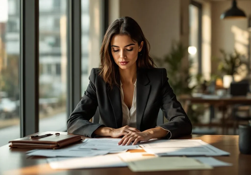 Professionele vrouw in pak bekijkt certificaten en diploma's aan modern kantoorbureau bij raam