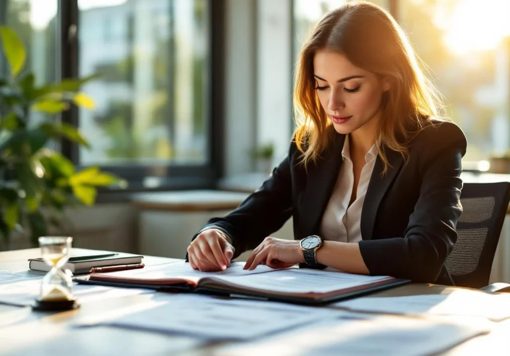 Professionele vrouw in pak controleert horloge terwijl ze medische documenten bestudeert aan modern bureau