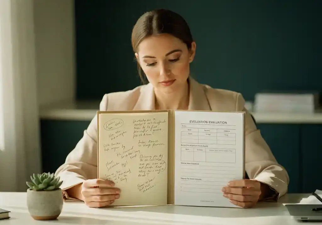 Vrouw vergelijkt persoonlijke aantekeningen en evaluatieformulieren in twee open mappen op modern bureau, warm natuurlijk licht.