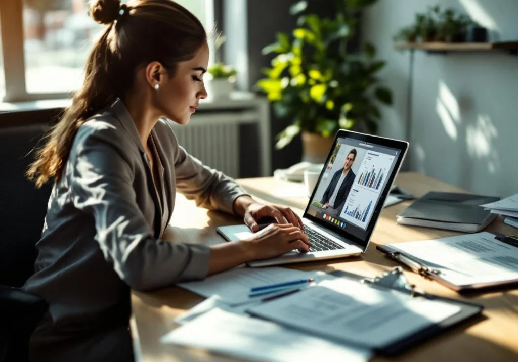 Professionele vrouw in pak voert videogesprek op laptop aan bureau met documenten en evaluatieformulieren