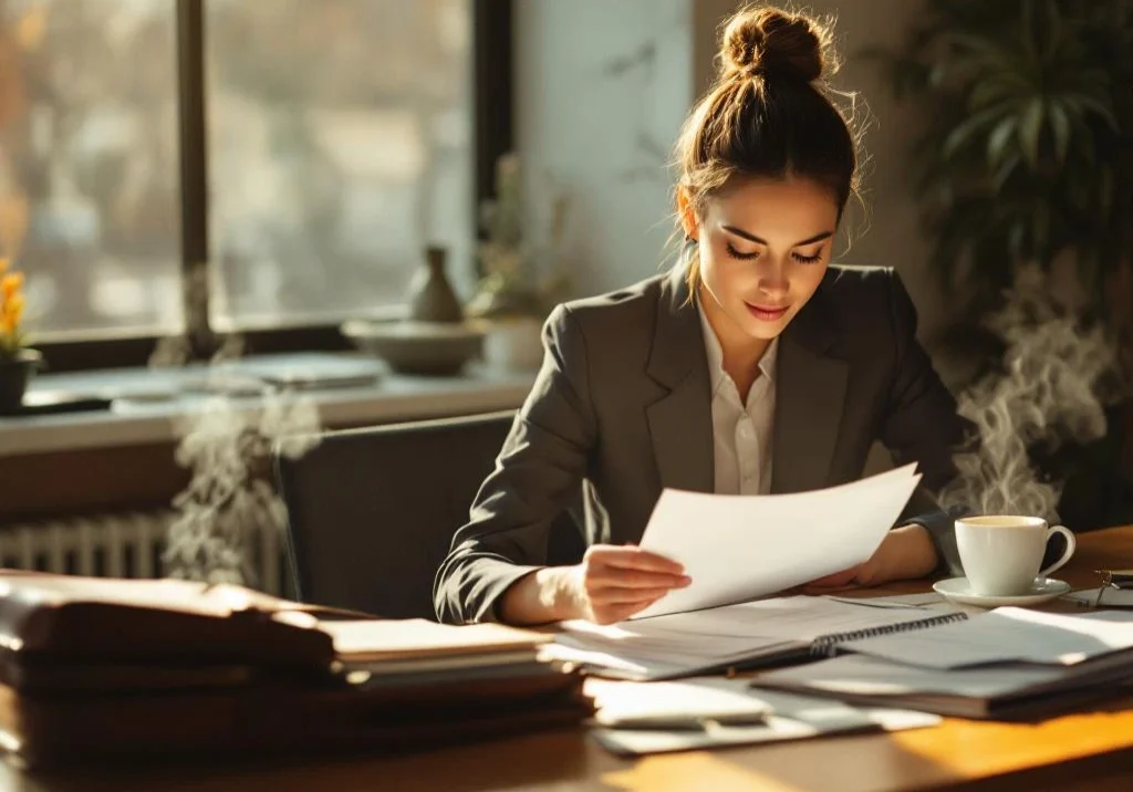 Professionele vrouw in pak bestudeert documenten aan houten bureau met koffie en aktetas in kantoor