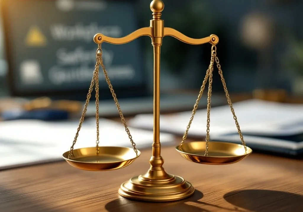Gouden weegschaal van justitia op houten bureau met werkplek veiligheidsdocumenten en laptop op achtergrond