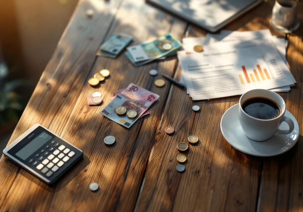 Houten bureau van bovenaf met euro bankbiljetten, rekenmachine, re-integratie formulieren, tablet en koffiekop