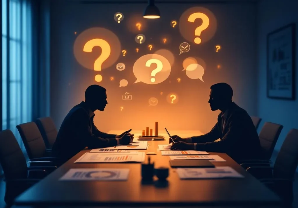 Twee professionals in overleg aan moderne vergadertafel met documenten, tablet en grafieken in blauw-wit kantoor