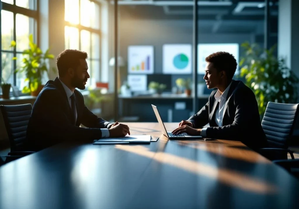 Kantoor vergaderruimte met manager en medewerker in reïntegratiegesprek aan tafel met documenten en laptop