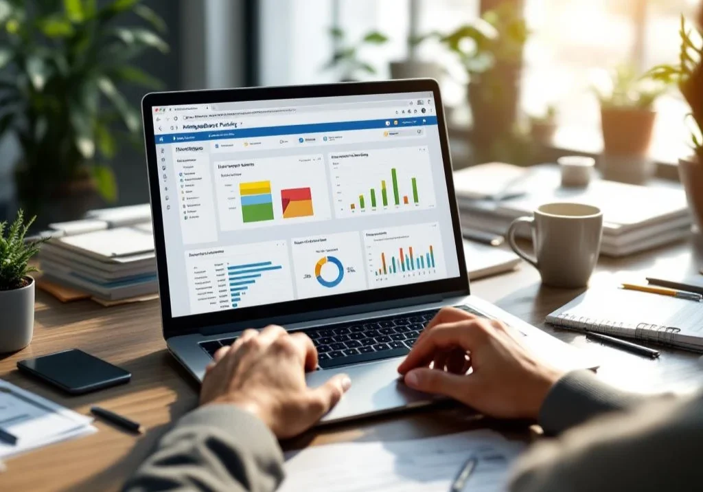 Professionele werkplek met laptop die digitale re-integratie planningsinterface toont, handen op toetsenbord