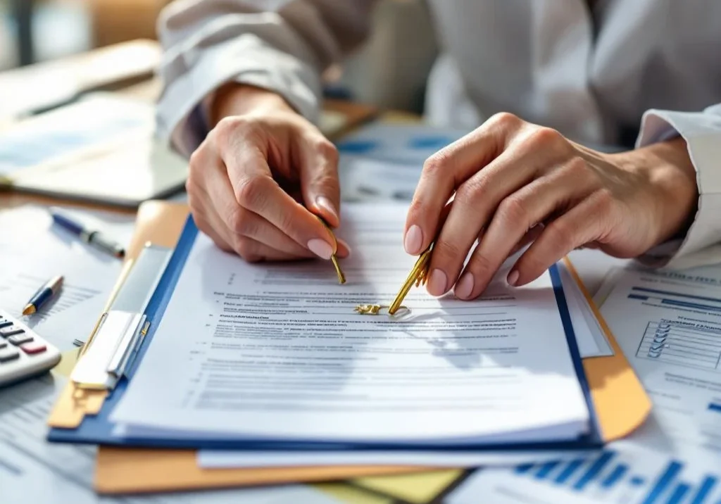 Professionele handen houden gouden sleutel boven map met subsidiedocumenten op modern kantoorbureau