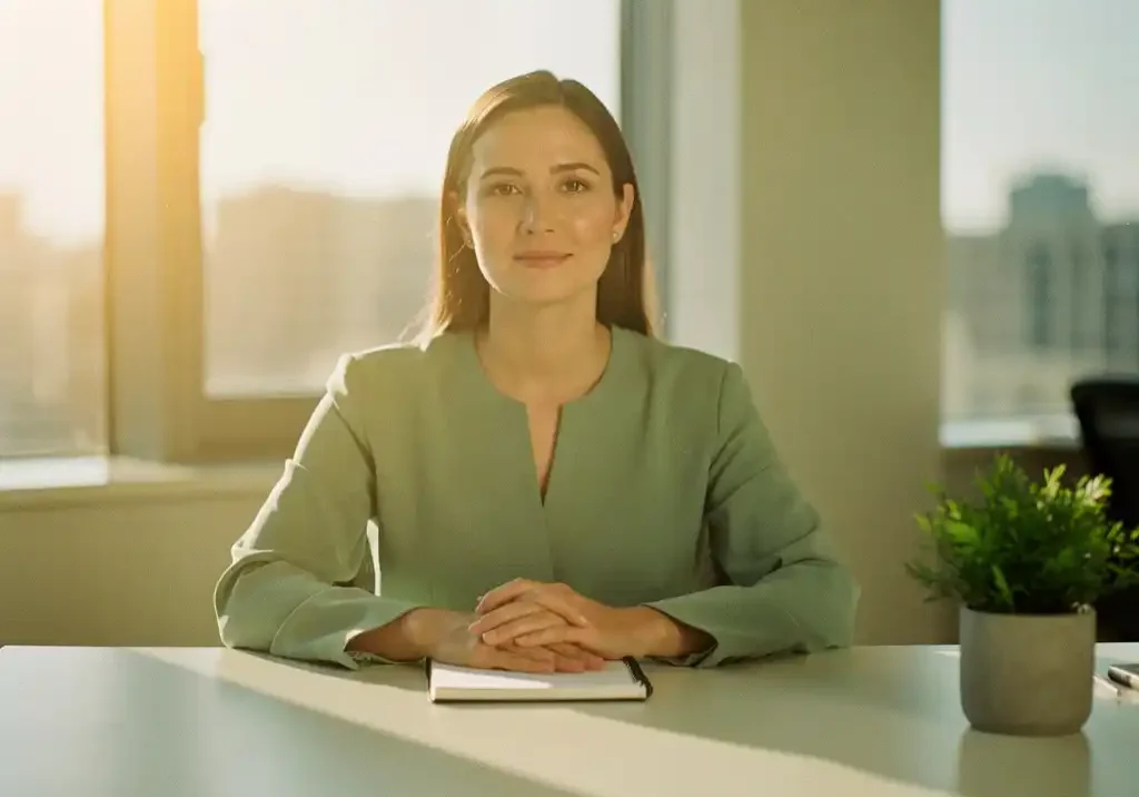 Rustige professional aan modern bureau met open handen op notitieboek, groen plantje en warm goudkleurig licht door kantoorraam.