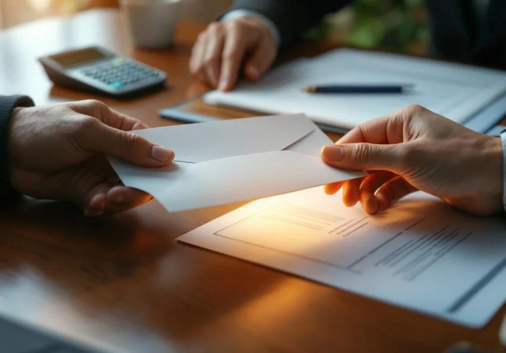 Handen die salarisenvelop en arbeidscontract uitwisselen op houten bureau met calculator en documenten op achtergrond