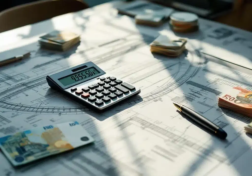 Rekenmachine en eurobiljetten op spoorwegblauwdrukken op architectenbureau, financiële planning infrastructuurproject