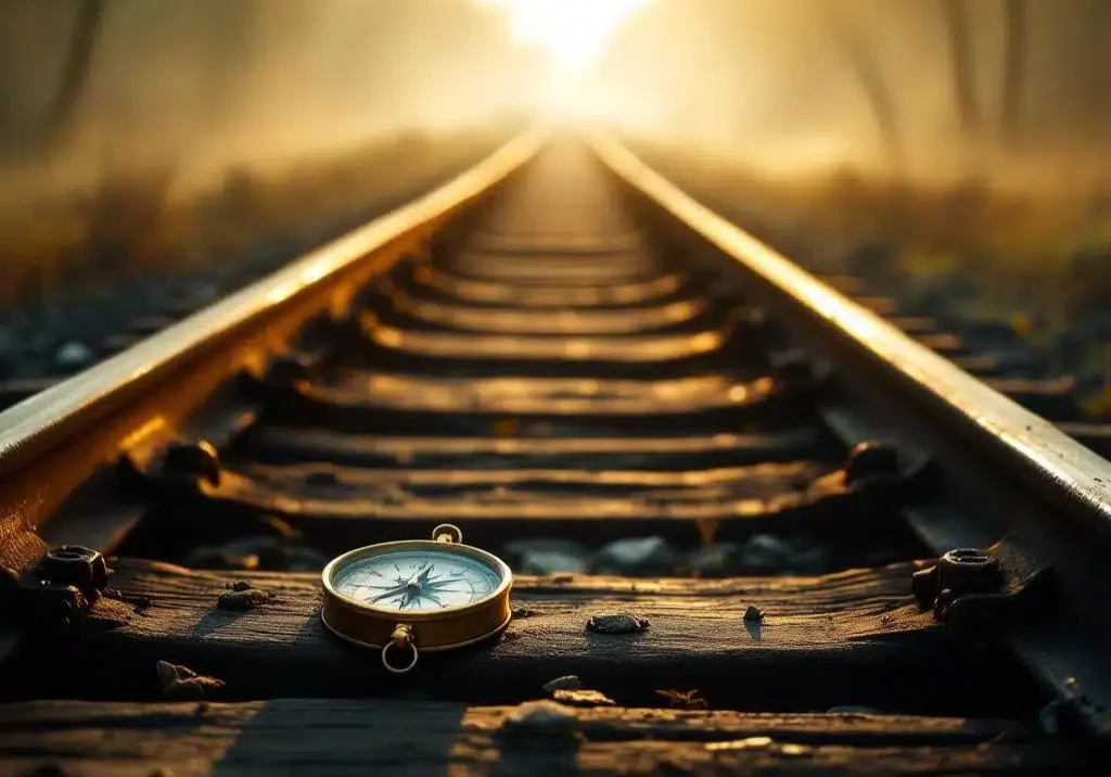 Verweerde spoorweg met wissels strekt zich uit in ochtendmist, vintage kompas op dwarsligger wijst richting rails