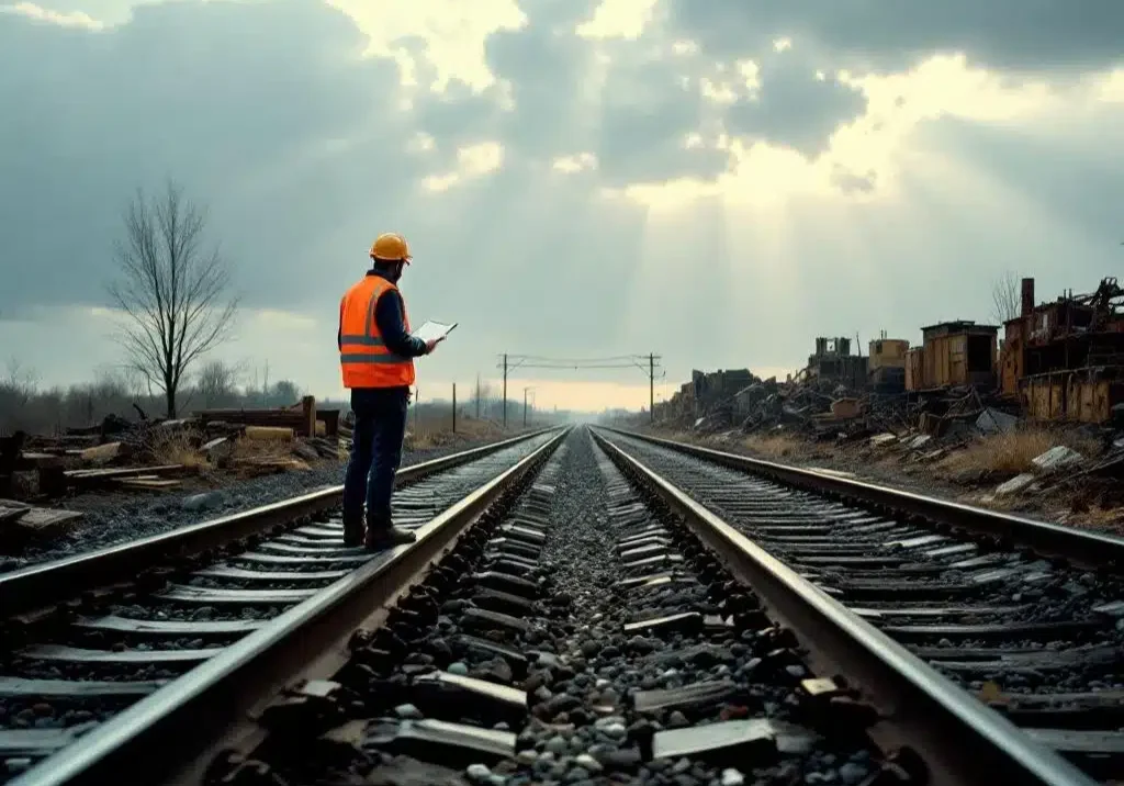 Spoorwegarbeider in veiligheidsvest staat bij wegsplitsing van treinrails, met onafgemaakte spoorlijn en roestig materiaal