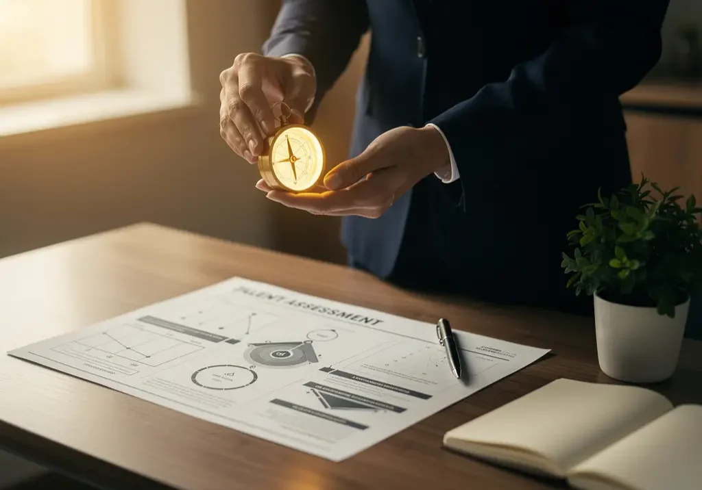 Professional houdt een gloeiend kompas boven een talentbeoordelingsgraphs op een modern bureau, warm amberkleurig licht.