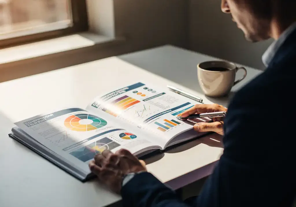 Hiring manager bestudeert een persoonlijk talentrapport met kleurrijke competentiegrafieken op een modern bureau, koffie en pen nabij.