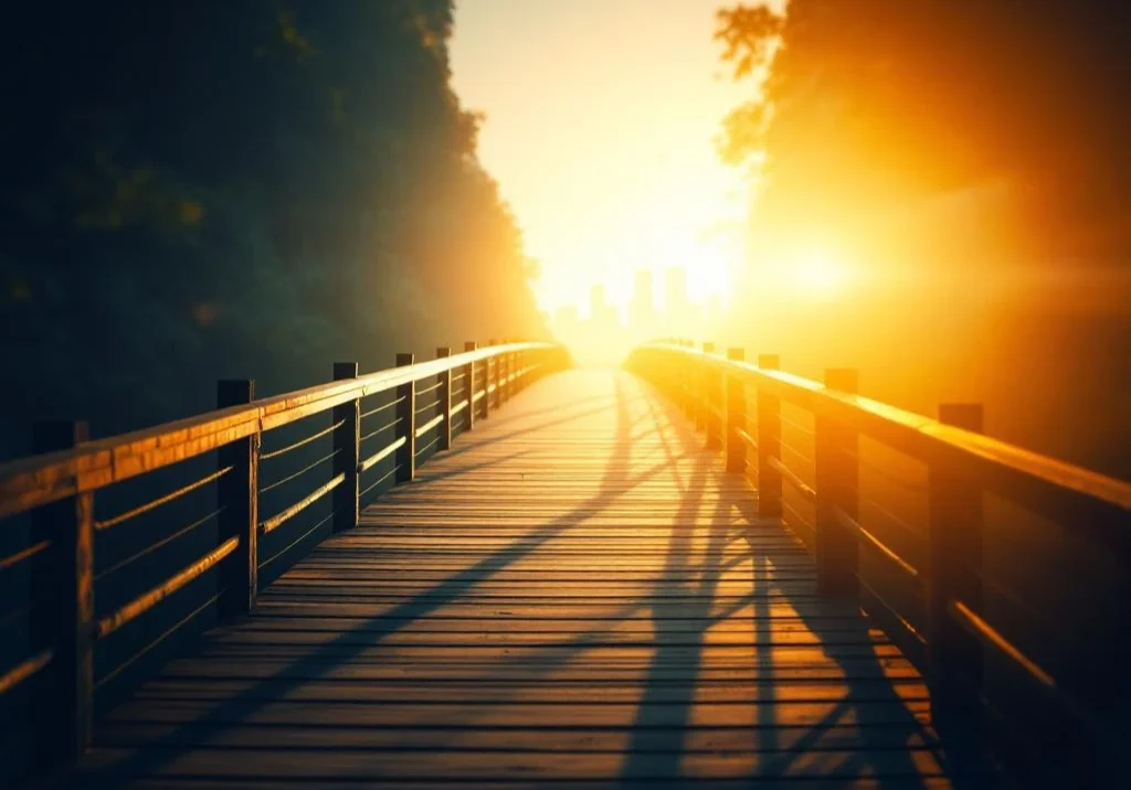 Houten brug met leuningen leidt van schaduwgebied naar zonnig licht met kantoorgebouwen op achtergrond