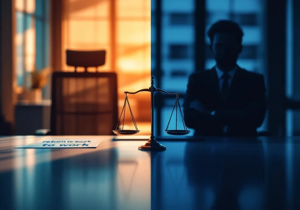 Kantoorstoel en bureau in gesplitst beeld: links uitnodigend licht met terugkeer-naar-werk document, rechts schaduw met gekruiste armen