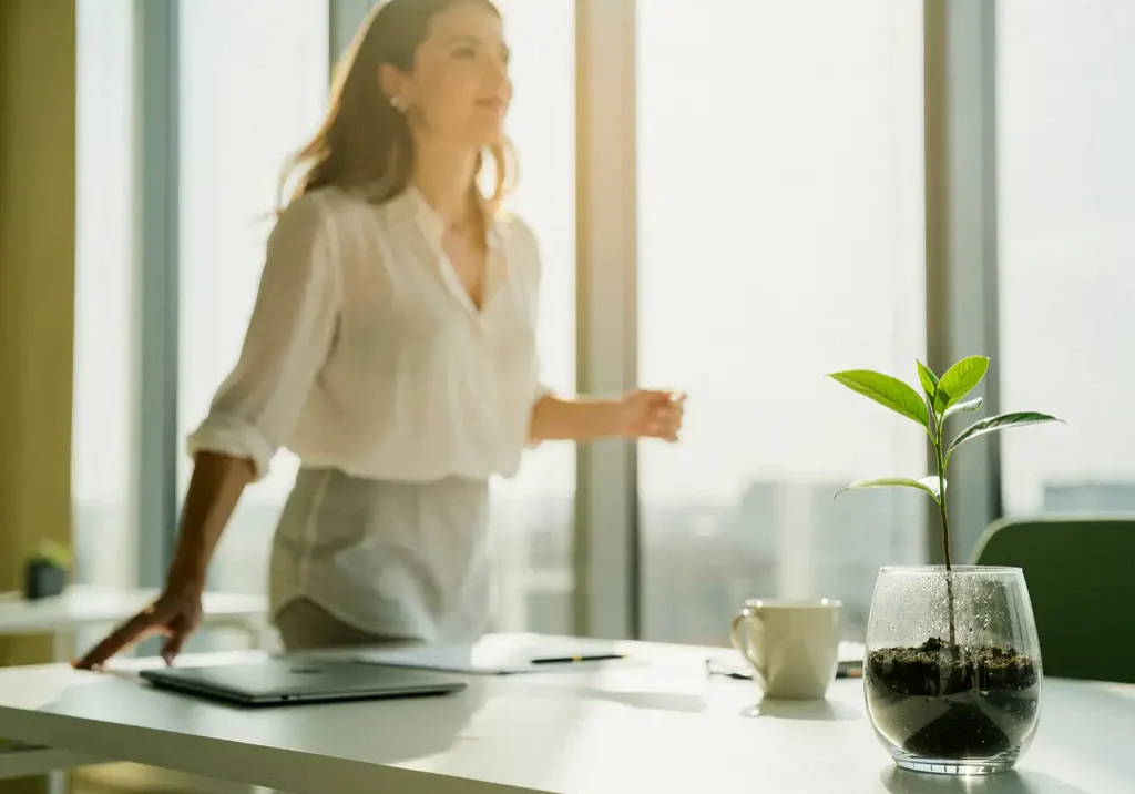 Zelfverzekerde vrouw die terugkeert op een licht modern kantoor, met een groen plantje op haar bureau als symbool van nieuwe groei.