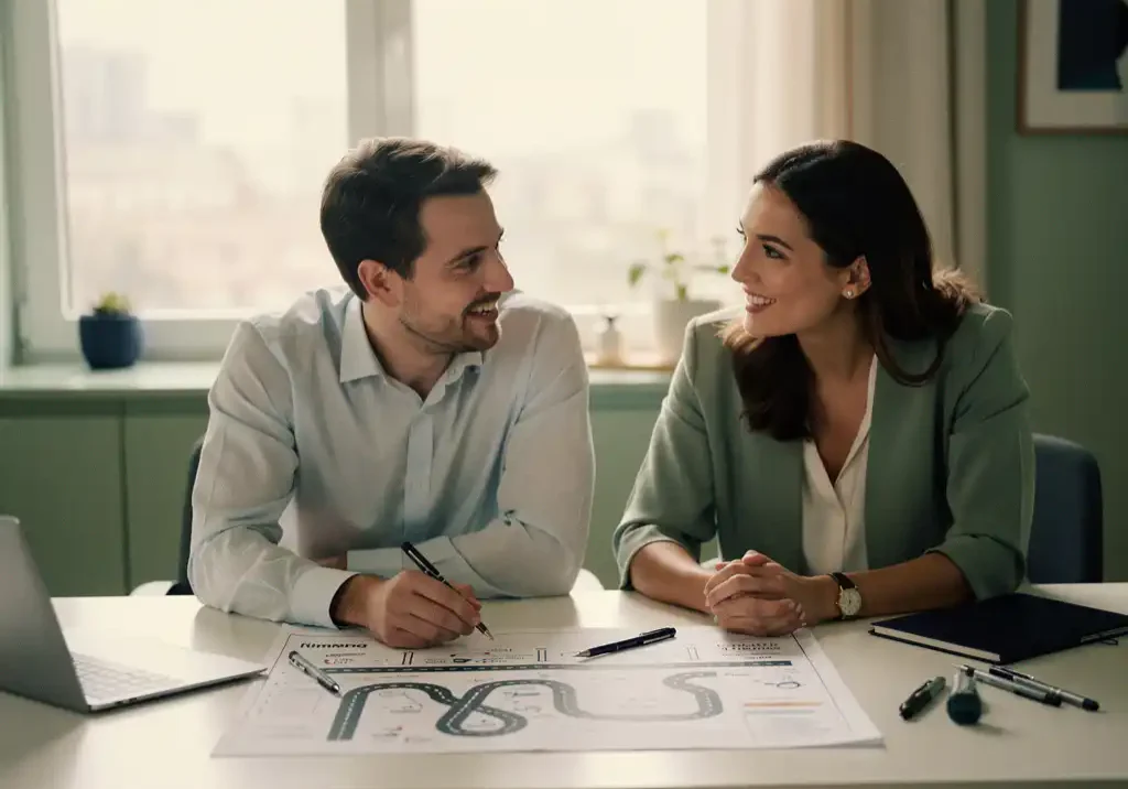 Terugkerende medewerker en coach bekijken samen een routekaart aan een modern bureau in warm natuurlijk licht.