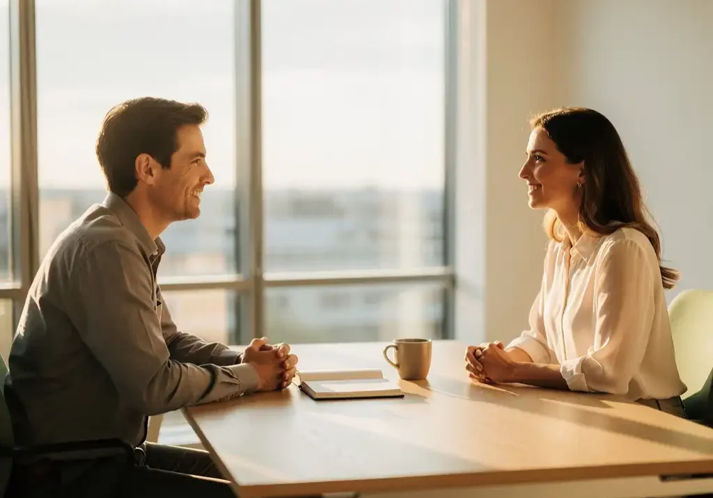 Terugkerende medewerker in gesprek met HR-professional aan modern bureau, met notitieboek en koffie, warm zonlicht door grote ramen.