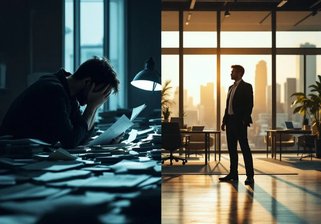 Persoon transformeert van gefrustreerd aan rommelig bureau naar zelfverzekerd in moderne kantoorruimte met warm licht