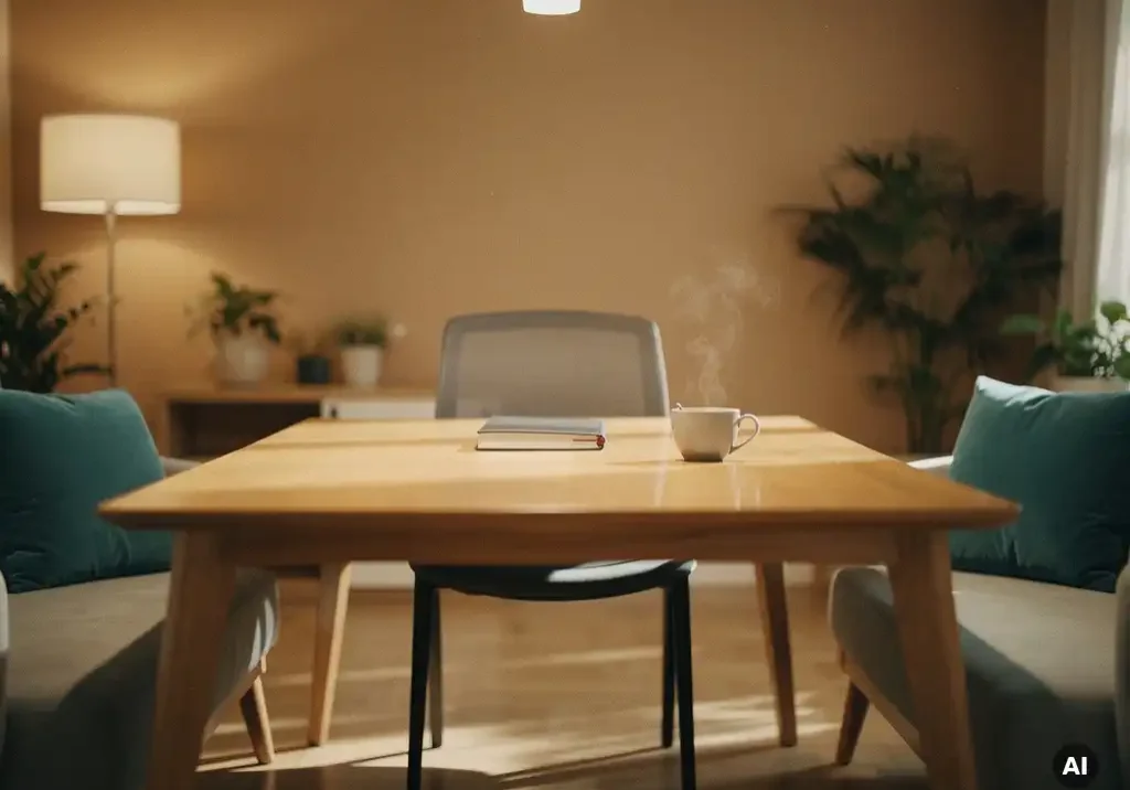 Lege stoel aan vergadertafel in modern HR-kantoor met gesloten notitieboek en dampende koffie, warm zandkleurig interieur.