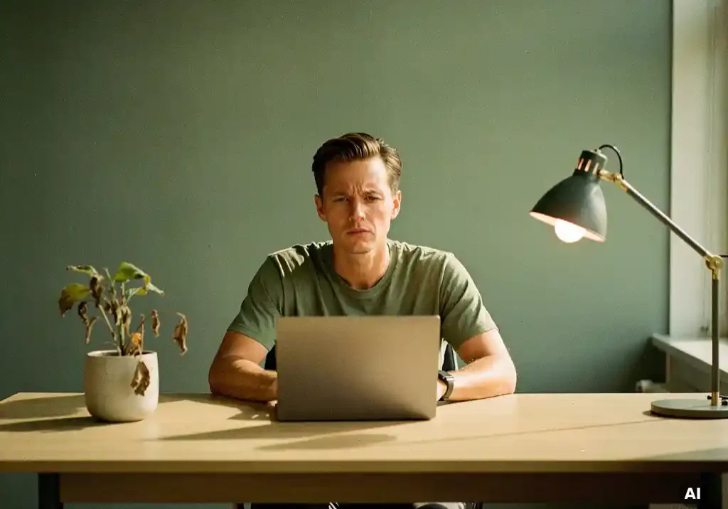 Vermoeide kantoormedewerker aan minimalistisch bureau met verwelkte plant en gesloten laptop in zacht amberkleurig licht.