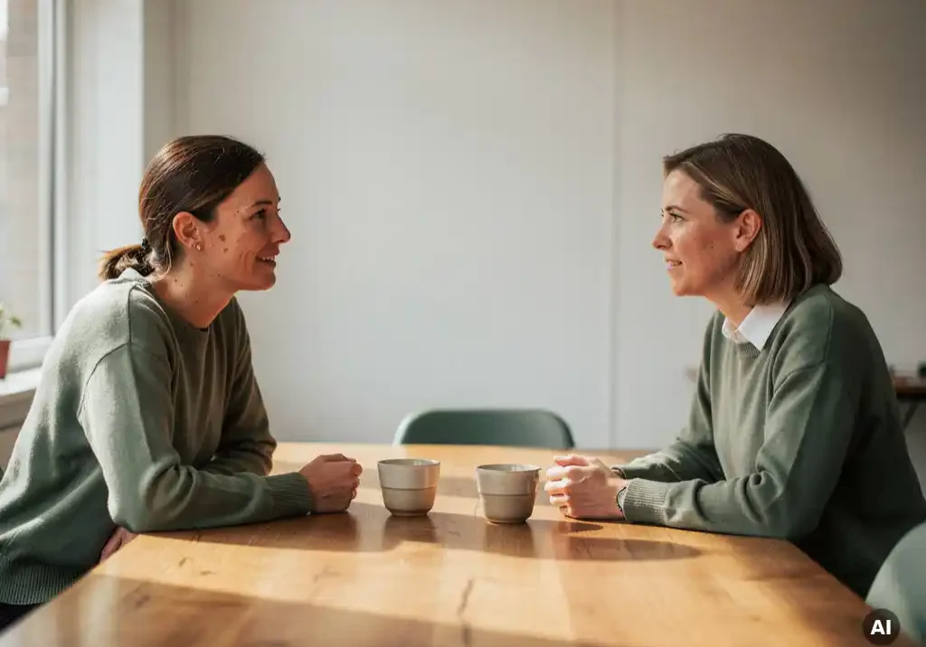Twee collega's in gesprek aan een houten tafel in een modern Nederlands kantoor, met koffie en warm natuurlijk licht.