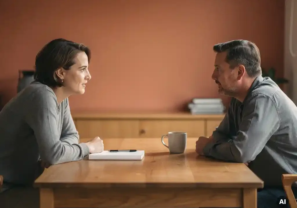 Adviseur en ondernemer in gesprek aan houten bureau met notitieboek en koffiemok, warme kantooromgeving.