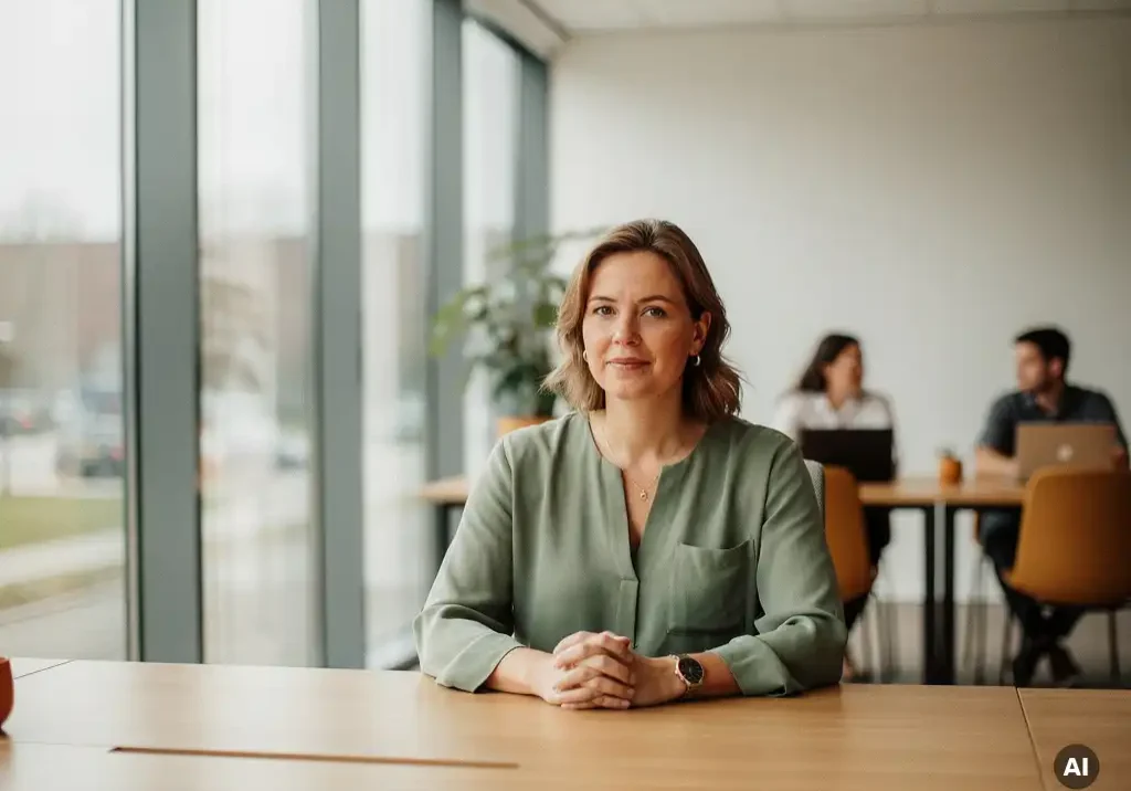 Vertrouwde collega aan een houten bureau in een modern Nederlands kantoor, warm natuurlijk licht, open deur op de achtergrond.
