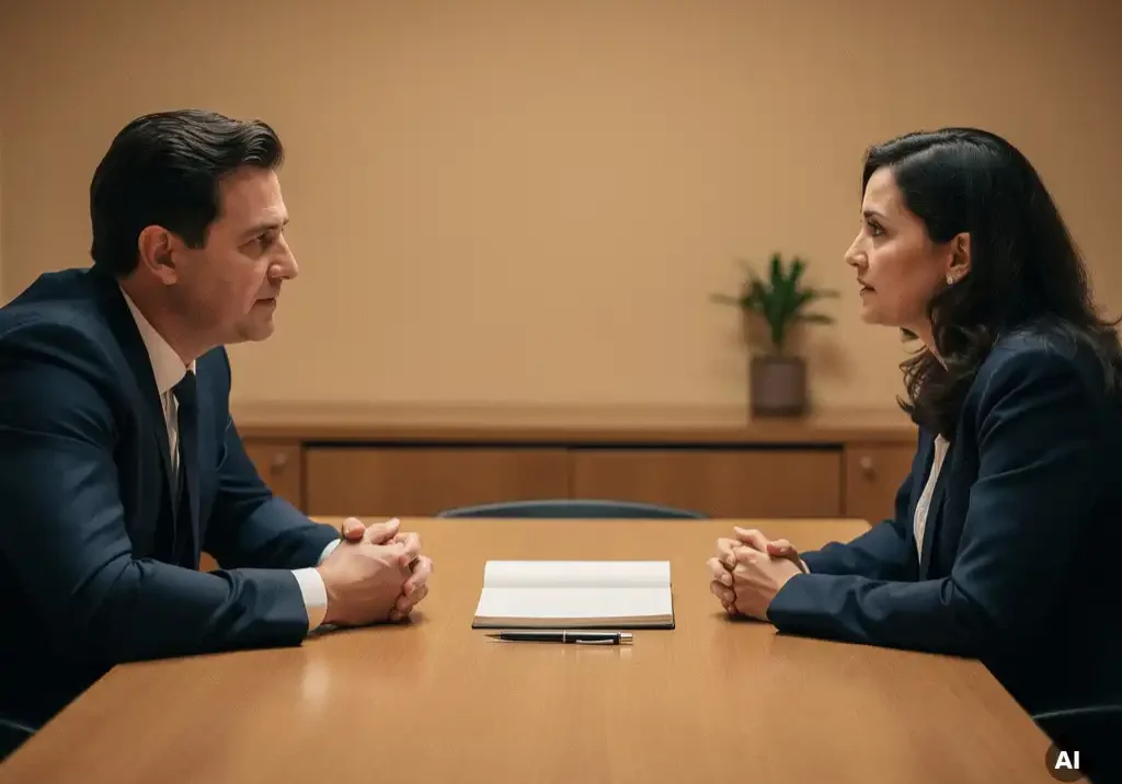 Twee collega's in vertrouwelijk gesprek aan een rustige vergadertafel met gesloten notitieboek en pen, warm kantoorlicht.