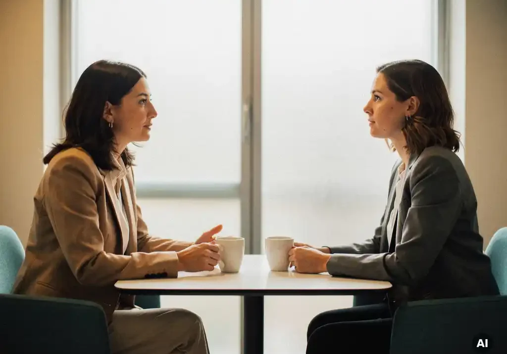Twee vrouwen in vertrouwelijk gesprek aan een tafel met koffiekopjes in een warmly verlicht privékantoor.
