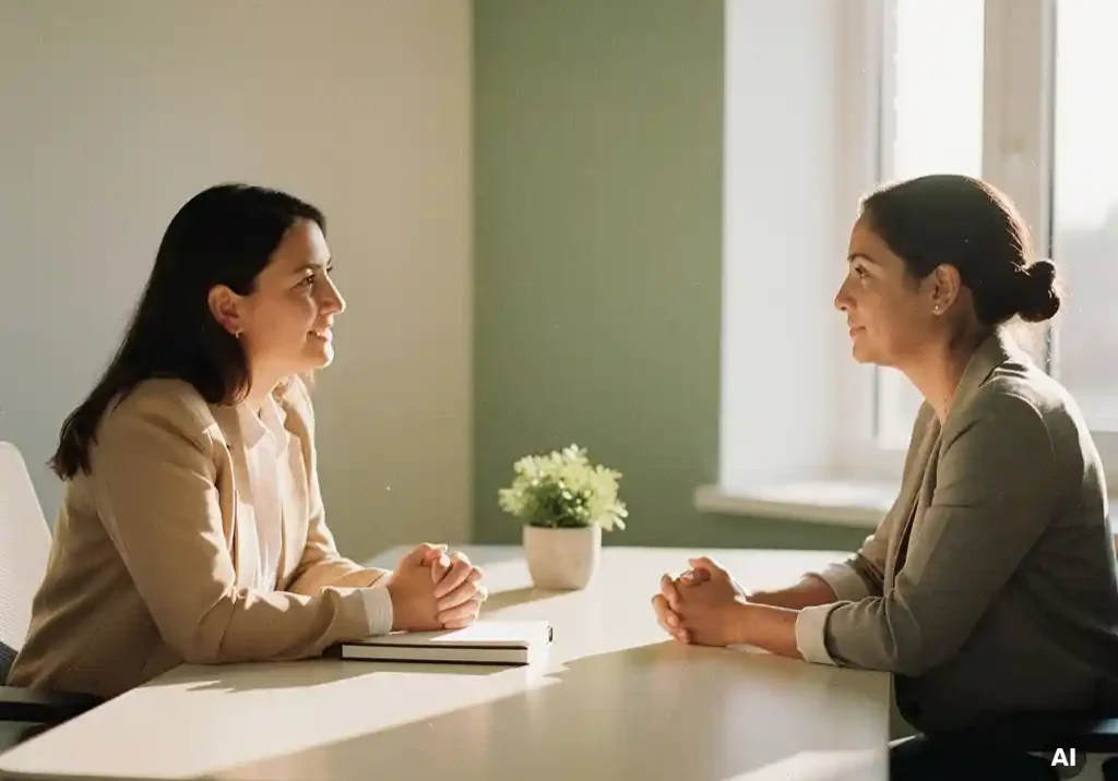HR-medewerker en werknemer in vertrouwelijk gesprek aan een rustige kantoortafel met notitieboek en kamerplant.