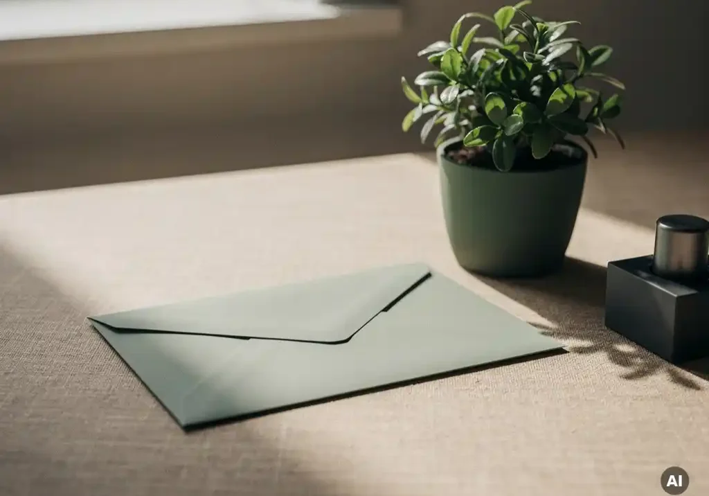 Verzegelde vertrouwelijke envelop op een modern HR-bureau naast een kleine kamerplant, zacht zijdelings daglicht.
