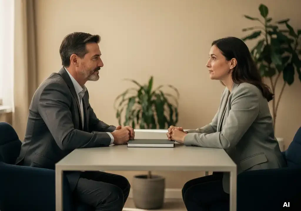 Vertrouwenspersoon in gesprek met medewerker in rustig privékantoor, gesloten notitieboek op bureau, warme neutrale tinten.