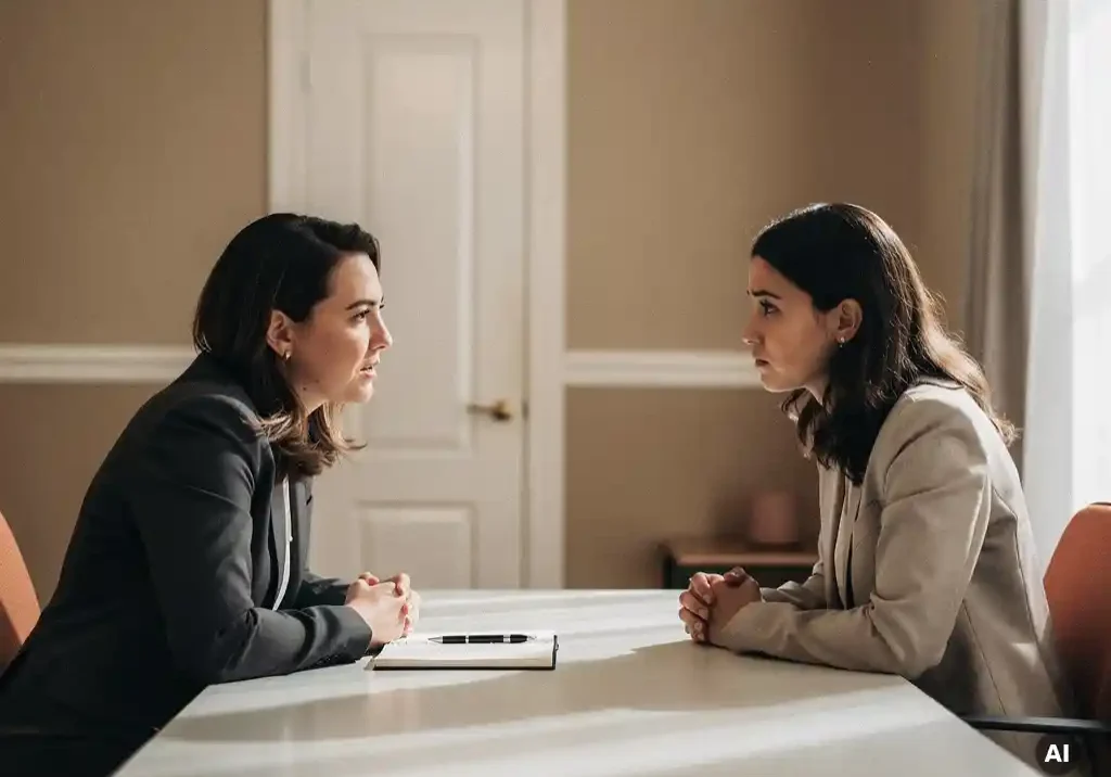 HR-professional en gespannen medewerker in vertrouwelijk gesprek aan een rustige kantoortafel, warme neutrale tinten.