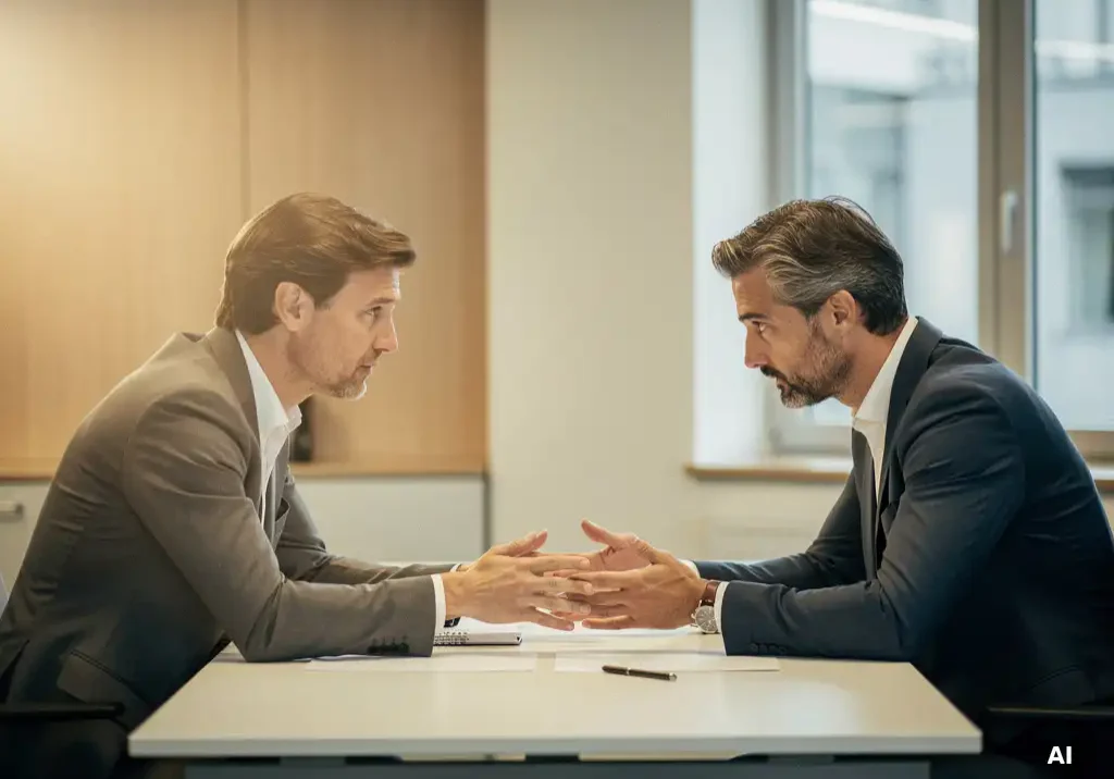 Collega legt hand nabij die van een aangeslagen medewerker aan een kantaartafel, warme lichaamstaal straalt vertrouwen en steun uit.