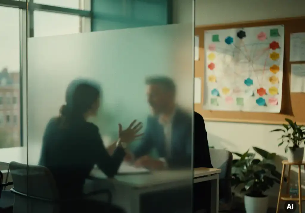 Vertrouwelijk gesprek tussen HR-adviseur en medewerker in modern Nederlands kantoor, weerspiegeld in matglazen wand, organisatiekaart op prikbord op achtergrond.
