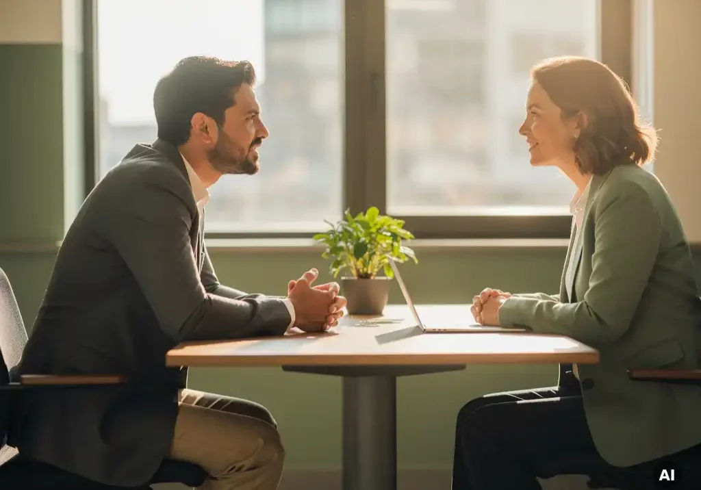 HR-medewerker luistert aandachtig naar collega in modern kantoor met groene plant en warm middaglicht.