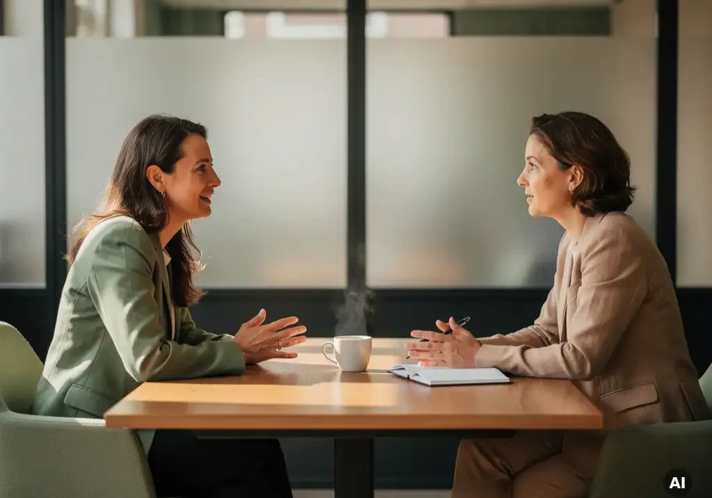 HR-adviseur en medewerker in vertrouwelijk gesprek aan houten bureau in modern Nederlands kantoor, met koffie en notitieboek.