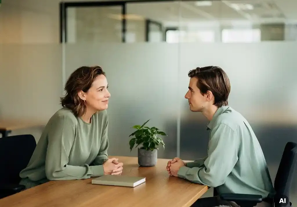 HR-adviseur en medewerker in vertrouwelijk gesprek aan houten bureau in modern Nederlands kantoor, omgeven door zacht natuurlijk licht.