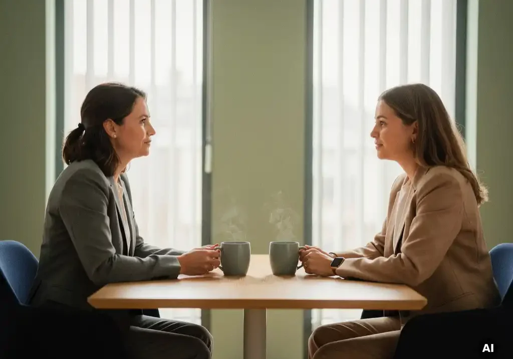 HR-adviseur in gesprek met medewerker aan lichte eiken tafel, twee warme mokken, rustig modern kantoor met natuurlijk licht.