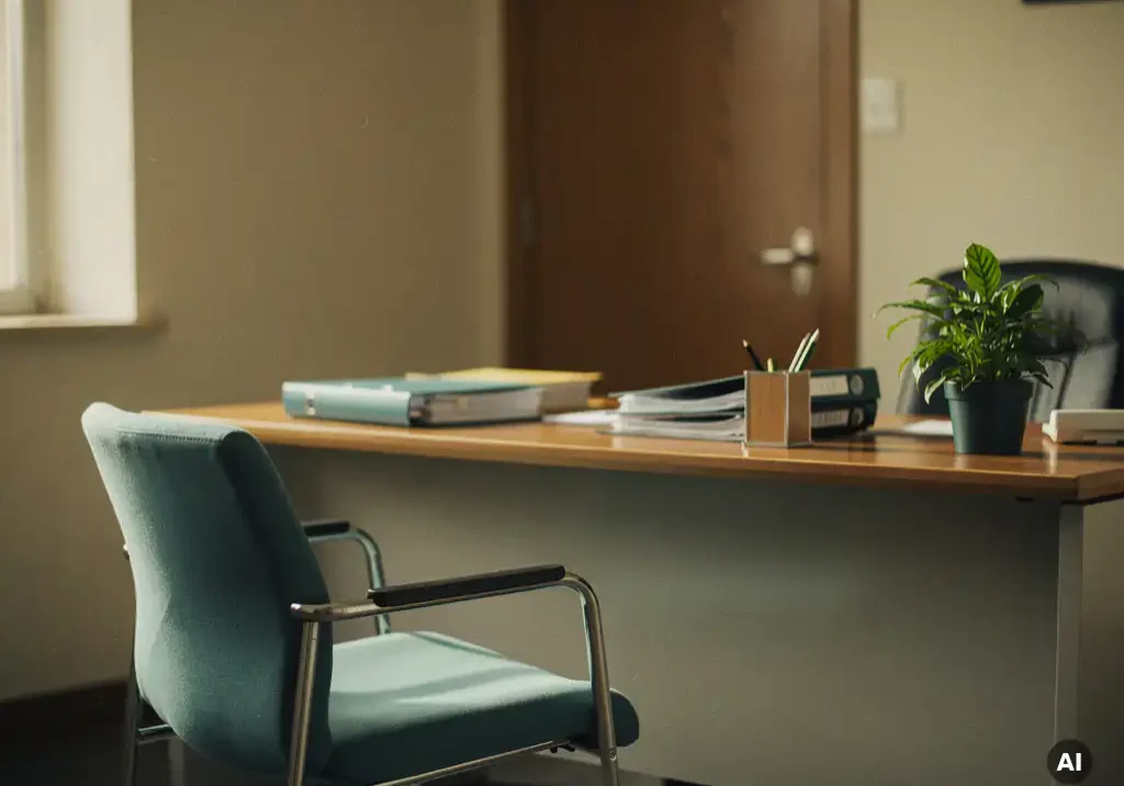Lege stoel tegenover een HR-bureau in een vertrouwelijk kantoor met zachte beige en groene tinten, plant en ordners.