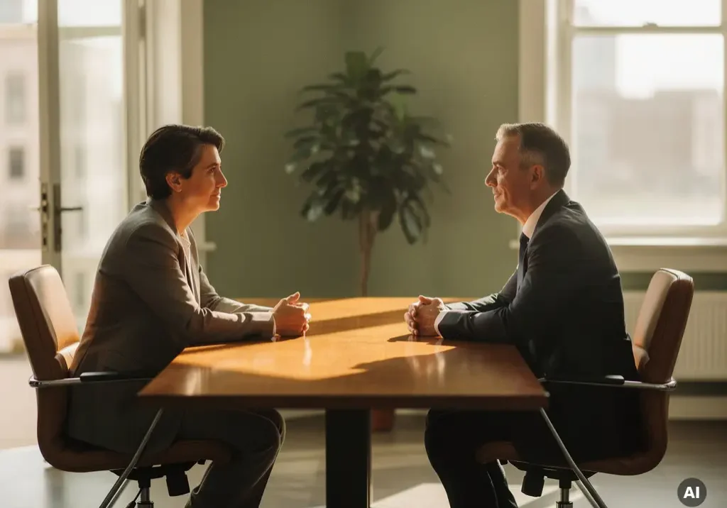 Vertrouwenspersoon en medewerker in gesprek aan houten bureau in rustige HR-werkruimte met natuurlijk licht.
