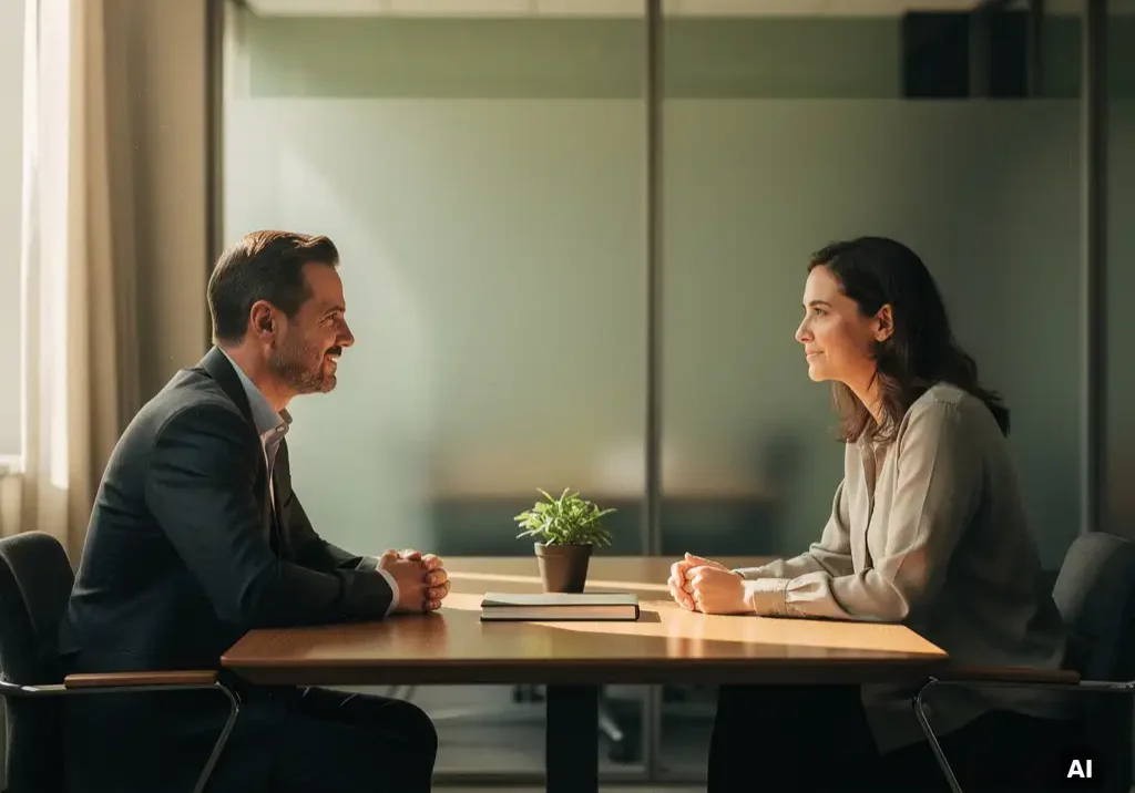 Vertrouwenspersoon en medewerker in gesprek aan tafel in privékantoor met gesloten notitieboek en plant.