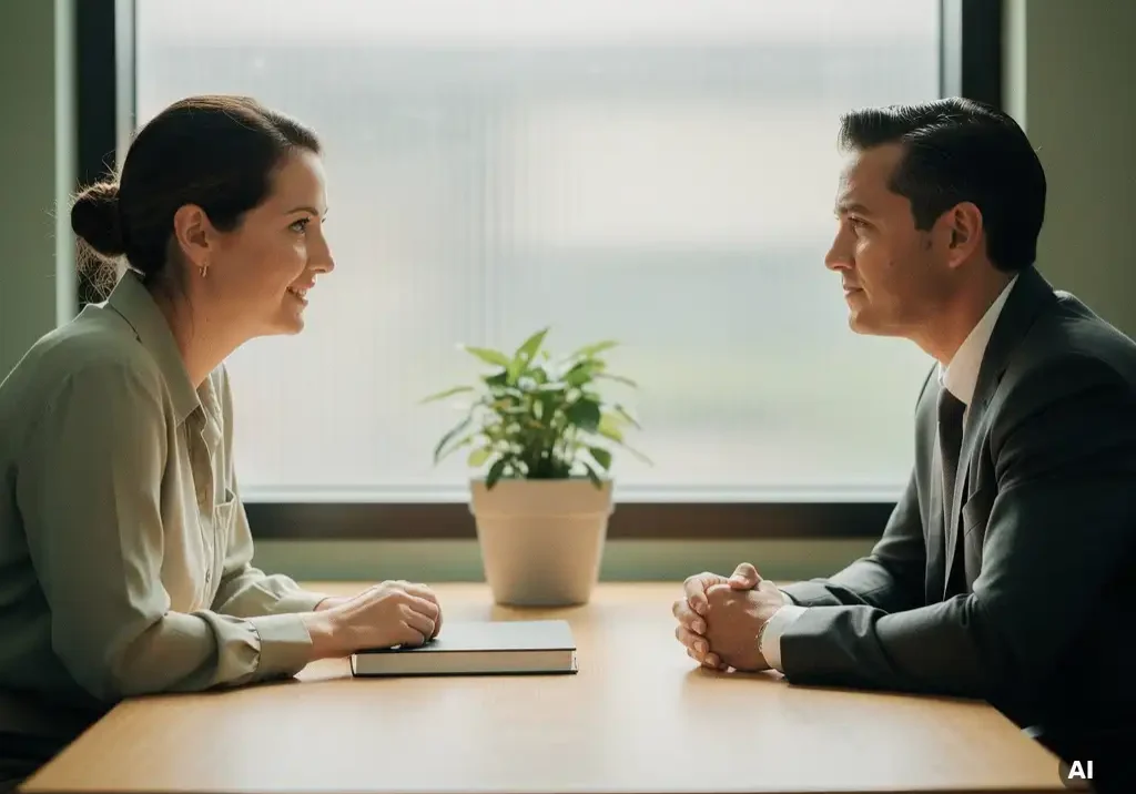 Vertrouwenspersoon en medewerker in gesprek aan houten bureau met notitieboek en plant, rustige kantooromgeving met natuurlijk licht.
