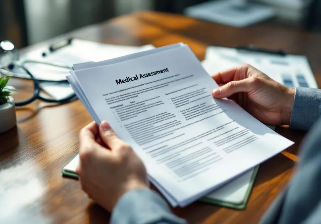 Verzekeringsadviseur bekijkt medisch evaluatierapport aan bureau met claimformulieren en stethoscoop op achtergrond