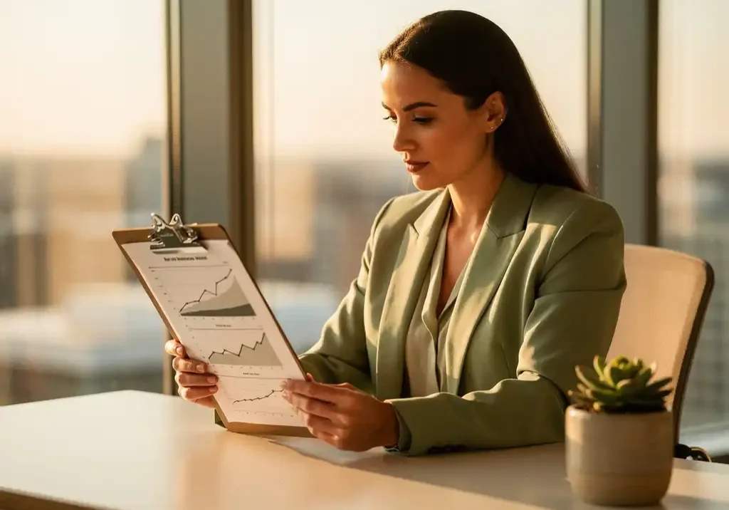 Vrouw bekijkt groeigrafiek op klembord aan modern bureau met succulent, warm kantoorlicht door grote ramen.