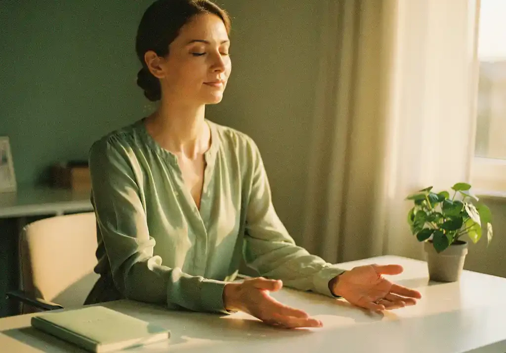 Vrouw mediteert aan minimalistisch bureau met wellness-dagboek en plant, warm goudkleurig licht, sereen en professioneel.